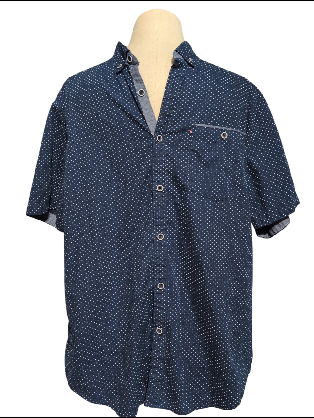 Denim & Flower Navy Blue Short-Sleeve Dot-Print Button-Down Shirt Casual Xlarge